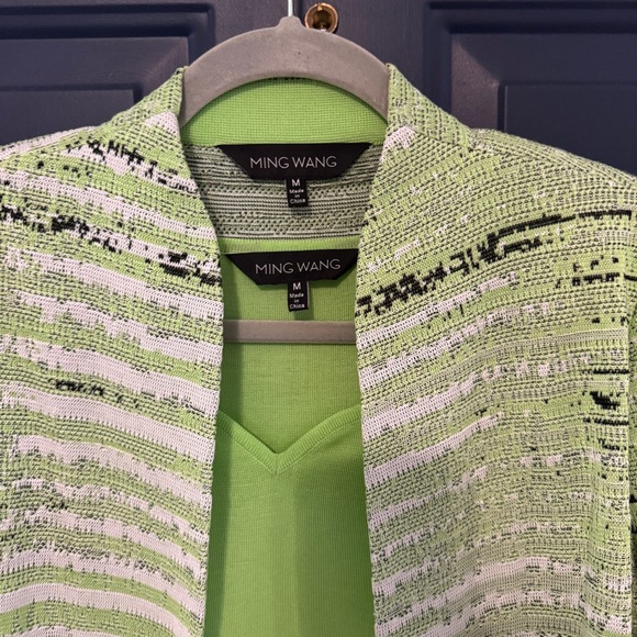 Ming Wang Lime Green Black Textured Twin Knit Blazer Sweater Tank Set Medium - Picture 2 of 10